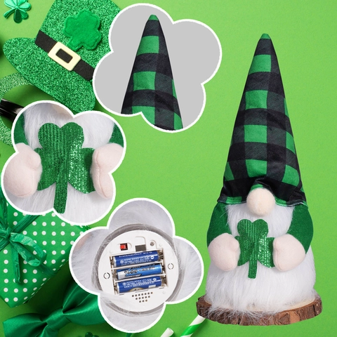 Gnomi Luminosi per il Giorno di San Patrizio Cappello Plaid Elf Decorazioni in Tessuto Con Trifoglio Ferro di Cavallo LED