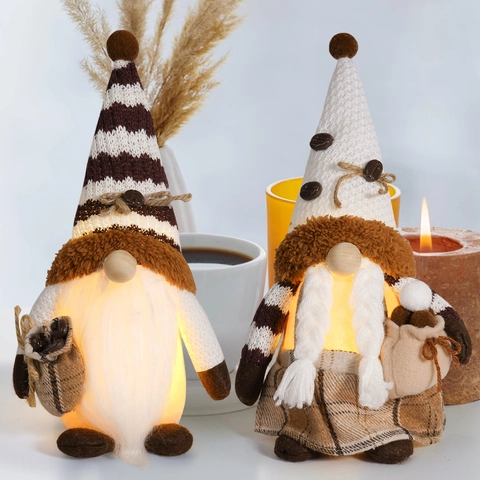 Handmade Coffee Gnome Plush Ornament With LED Light Knit Swedish Dwarf Tomte Figurine For Kitchen Coffee Bar Home Decor