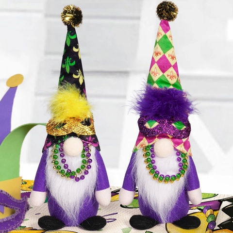 Mardi Gras Gnomes Plush Decor Fleur-de-lis Pattern With Sequin Mask And Bead Necklace For Carnival Party Table Ornament