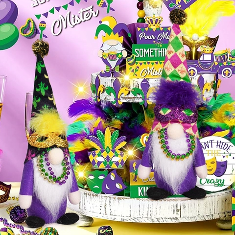 Mardi Gras Gnomes Plush Decor Fleur-de-lis Pattern With Sequin Mask And Bead Necklace For Carnival Party Table Ornament