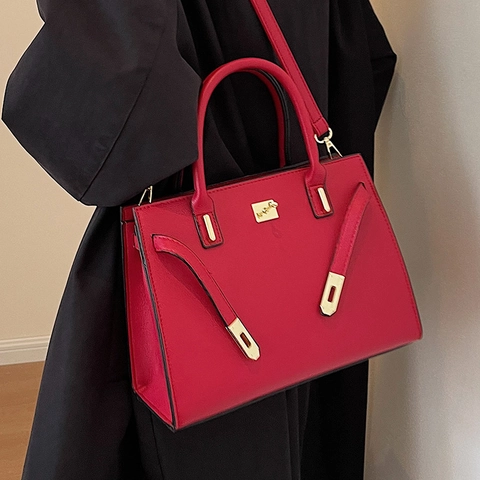 Damen Lychee-Muster PU Leder Handtasche Gold Schnalle Umhängetasche Große Kapazität Handtasche Hochzeit Party Rot Schwarz