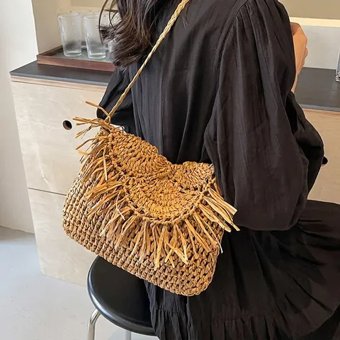Boho Stroh Gewebte Umhängetasche Mit Fransen Sommer Strand Urlaub Stil Große Kapazität Für Damen