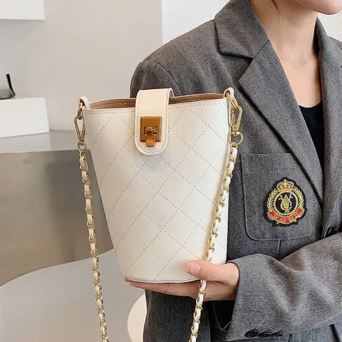 Gesteppte Rauten Eimer Tasche Für Frauen PU Leder Umhängetasche Handtasche Goldkette Riemen Drehschloss Retro Schick