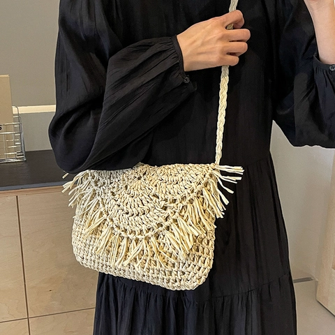 Boho Stroh Gewebte Umhängetasche Mit Fransen Sommer Strand Urlaub Stil Große Kapazität Für Damen