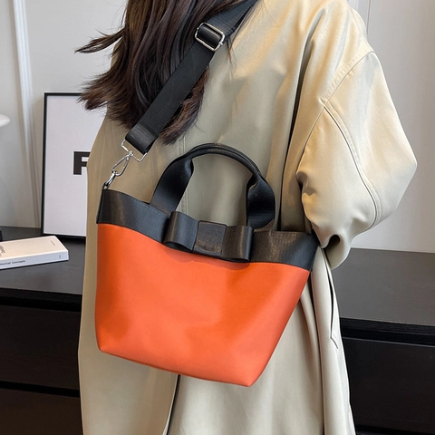 Borsa Tote In Nylon Con Grande Fiocco Per Donna Borsa A Mano Chic In Colore A Contrasto Con Ampia Tracolla Regolabile