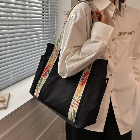 Borsa Tote Da Donna In Nylon Grande Capacità Chic Tracolla Larga Ricamata Stile Etnico Borsa A Spalla Per Scuola