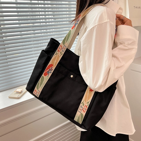 Borsa Tote Da Donna In Nylon Grande Capacità Chic Tracolla Larga Ricamata Stile Etnico Borsa A Spalla Per Scuola