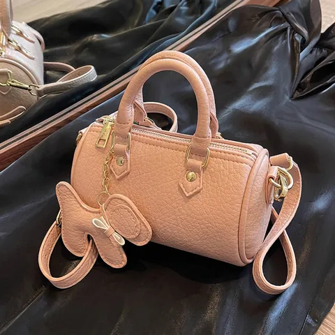 Women Mini Boston Cylinder Handbag PU Pebbled Leather Shoulder Crossbody Bag With Adjustable Strap And Cute Charm