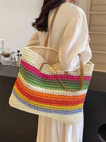 Borsa Tote In Paglia Intrecciata Righe Arcobaleno Borsa Spalla Spiaggia Estiva Con Tracolla Pelle Donna