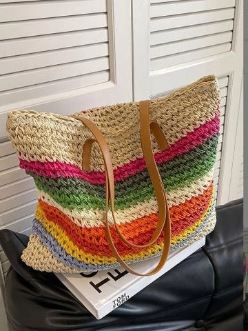 Borsa Tote In Paglia Intrecciata Righe Arcobaleno Borsa Spalla Spiaggia Estiva Con Tracolla Pelle Donna