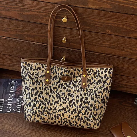 Leopard Print Tote Bag For Women Large Capacity Fabric Canvas And PU Leather Handbag Retro Commuter Chic Travel Bag