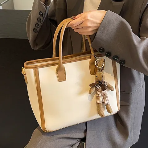 Borsa Tote In Pelle PU Grande Capacità Vintage Colori A Contrasto Borsa Da Donna Con Ciondolo A Coniglio Borsa A Tracolla