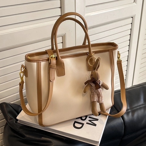 Borsa Tote In Pelle PU Grande Capacità Vintage Colori A Contrasto Borsa Da Donna Con Ciondolo A Coniglio Borsa A Tracolla