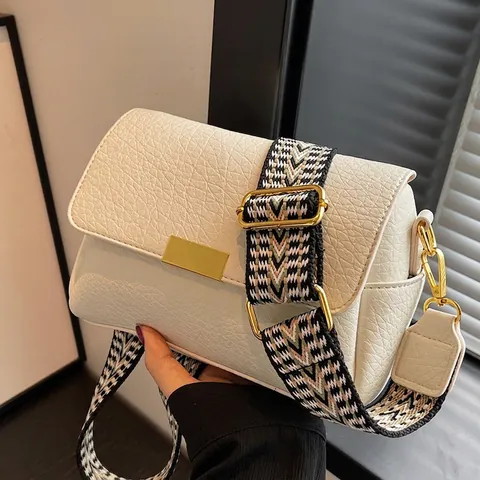 Borsa Tracolla Donna Pelle PU Motivo Litchi Piccola Borsa Quadrata Con Tracolla Larga Geometrica Chiusura Metallo Dorato