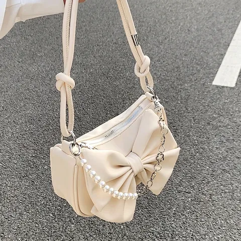 Aesthetic Large Bow Underarm Bag PU Leather With Artificial Pearl Flower Chain Sweet Chic Shoulder Bag For Women