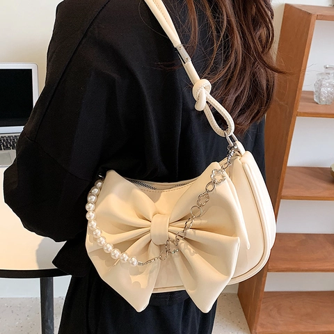 Aesthetic Large Bow Underarm Bag PU Leather With Artificial Pearl Flower Chain Sweet Chic Shoulder Bag For Women