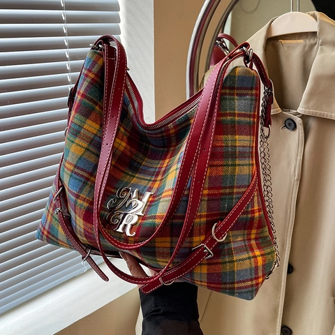 Borsa Hobo In Tela Tartan Retrò Grande Capacità Con Tracolla In Pelle Rossa E Catena In Metallo Borsa A Spalla Da Donna