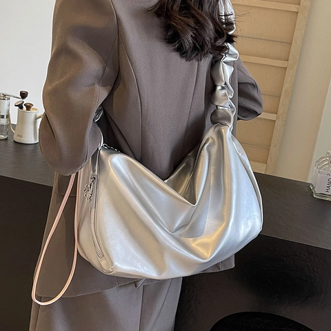 Large Capacity Hobo Bag PU Leather Ruched Scrunchie Strap Chic Casual Commuting Underarm Shoulder Handbag For Women