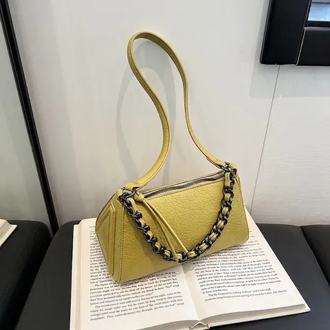 Damen Achseltasche Aus PU Leder Mit Litschi Muster Und Dicker Kette Moderne Minimalistische Kleine Quadratische Tasche