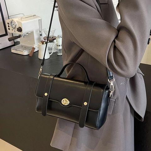 Women Crossbody Bag Vintage PU Leather Flap Golden Turn Lock Square Handheld Shoulder Handbag Retro Fashion