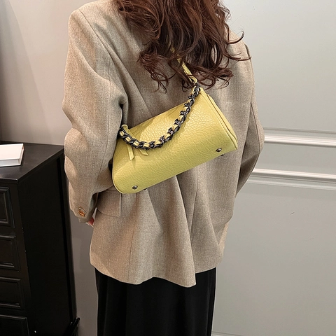 Damen Achseltasche Aus PU Leder Mit Litschi Muster Und Dicker Kette Moderne Minimalistische Kleine Quadratische Tasche