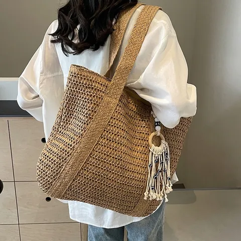 Stroh Einkaufstasche Damen Große Kapazität Sommer Strand Urlaub Schultertasche Mit Evil Eye Quasten Anhänger Hohl Design