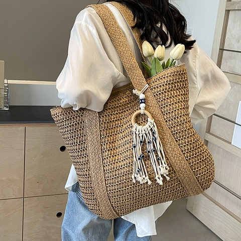 Stroh Einkaufstasche Damen Große Kapazität Sommer Strand Urlaub Schultertasche Mit Evil Eye Quasten Anhänger Hohl Design