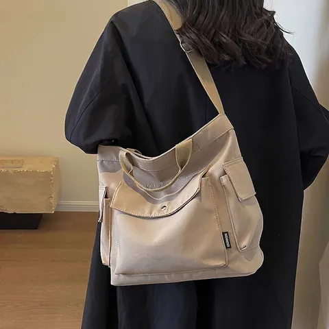 Sac Fourre-tout En Toile Multi-poches Grande Capacité Femmes Sac À Bandoulière Sac À Main Style Workwear Voyage Décontracté