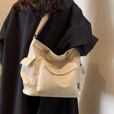 Sac Fourre-tout En Toile Multi-poches Grande Capacité Femmes Sac À Bandoulière Sac À Main Style Workwear Voyage Décontracté