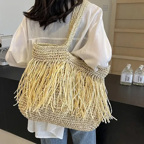 Böhmische Stroh Gewebte Tragetasche Damen Große Kapazität Fransen Quasten Schultertasche Sommer Strand Urlaub Handtasche