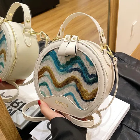 Borsa A Tracolla Rotonda Pelle PU Tessuto Trama Ondulata Piccola Borsa A Mano Retro Moda Per Donna