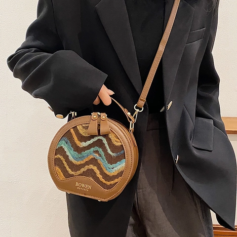 Borsa A Tracolla Rotonda Pelle PU Tessuto Trama Ondulata Piccola Borsa A Mano Retro Moda Per Donna