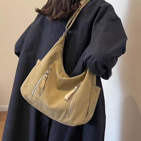 Canvas Shoulder Bag For Women Large Capacity Retro Casual Hobo Tote Crossbody Bag With Dual Front Zippers Wide Strap
