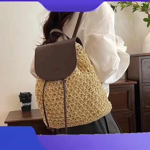 Damen Stroh Rucksack Mit PU Leder Klappe Kordelzug Große Kapazität Sommer Strand Urlaub Reise Tasche
