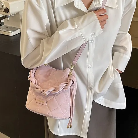 Damen PU Leder Eimertasche Gestepptes Rautenmuster Geflochtener Griff Kordelzug Koreanische Mode Lässige Schulter Handtasche