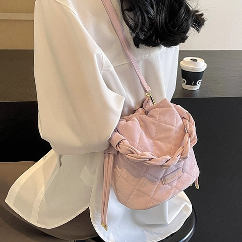 Damen PU Leder Eimertasche Gestepptes Rautenmuster Geflochtener Griff Kordelzug Koreanische Mode Lässige Schulter Handtasche