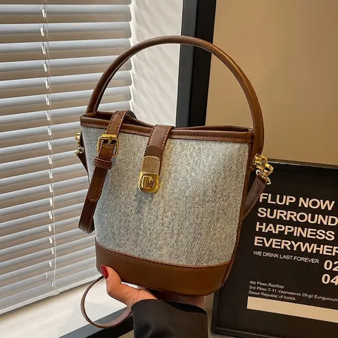 Borsa A Secchiello Retro Denim Donna Cuciture Pelle PU Borsa A Tracolla Mano Con Chiusura Dorata Regolabile Casual