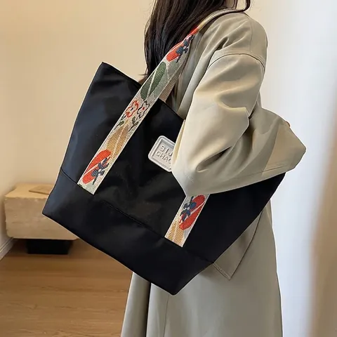 Borsa Tote In Tela Grande Capacità Donna Tracolla Larga Ricamata Floreale Borsa A Mano Casual Pendolare
