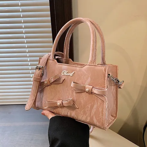 Borsa A Tracolla Donna Pelle PU Elegante Tre Fiocchi Decorazione Künstliche Perle Texture Increspata Borsa A Mano Chic Dolce
