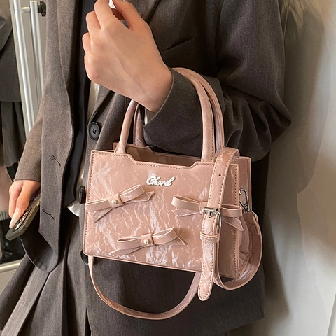 Borsa A Tracolla Donna Pelle PU Elegante Tre Fiocchi Decorazione Künstliche Perle Texture Increspata Borsa A Mano Chic Dolce