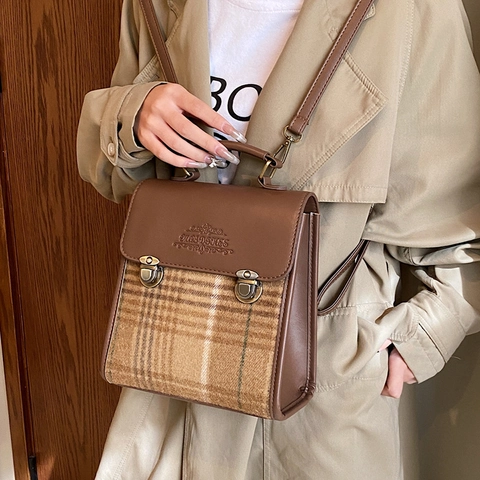 Sac À Dos Vintage Pour Femmes Patchwork À Carreaux Cuir PU Sac À Main Style Britannique Preppy Sac D'École Voyage