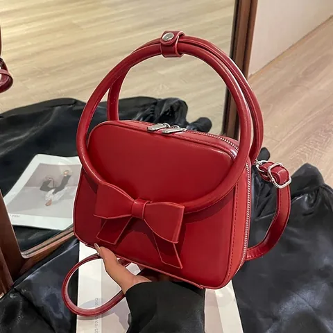 Women Crossbody Bag PU Leather Fashion Bow Decoration Round Handle Sweet Elegant Handbag With Adjustable Strap