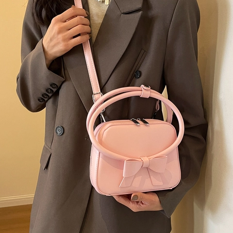 Women Crossbody Bag PU Leather Fashion Bow Decoration Round Handle Sweet Elegant Handbag With Adjustable Strap