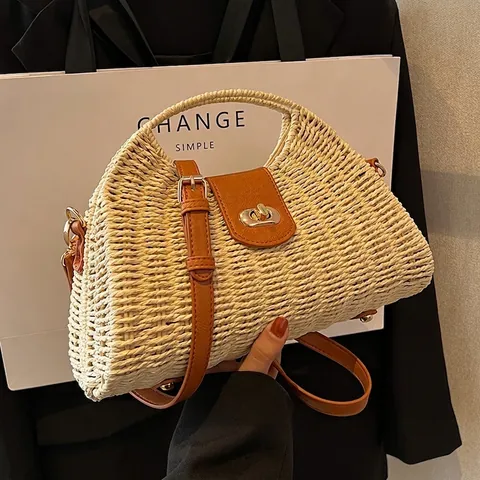 Gewebte Strohhandtasche Damen Leder Patchwork Umhängetasche Sommerurlaub Retro Henkeltasche Schultertasche