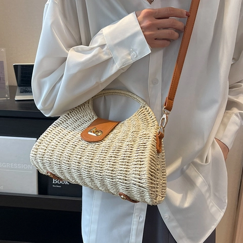 Gewebte Strohhandtasche Damen Leder Patchwork Umhängetasche Sommerurlaub Retro Henkeltasche Schultertasche