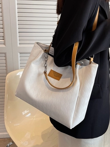 Große Tote Bag PU Leder Rautensteppung Metallkettenriemen Lässige Pendler Mode Damen Schultertasche