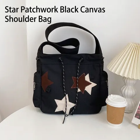 Retro Canvas Schultertasche Tote Bag Große Kapazität Stern Patchwork Kordelzug Umhängetasche Für Damen Studenten