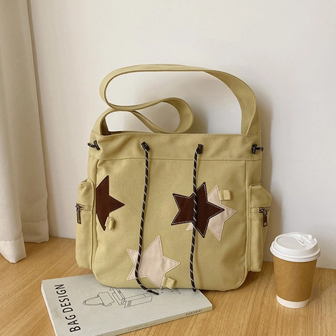 Retro Canvas Schultertasche Tote Bag Große Kapazität Stern Patchwork Kordelzug Umhängetasche Für Damen Studenten
