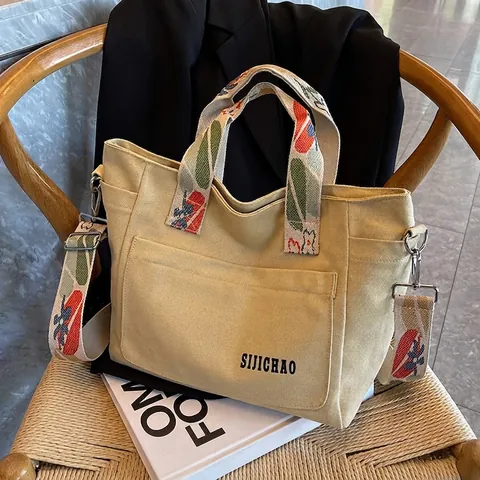 Large Capacity Canvas Tote Bag For Women With Patterned Wide Shoulder Strap Crossbody Handbag Casual Commuting
