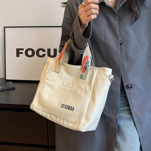 Large Capacity Canvas Tote Bag For Women With Patterned Wide Shoulder Strap Crossbody Handbag Casual Commuting